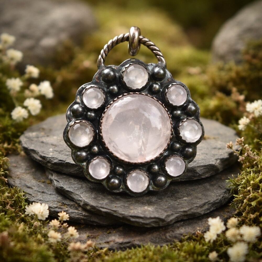Artisan Rose Quartz Oxidized Round Statement Pendant Sterling Silver